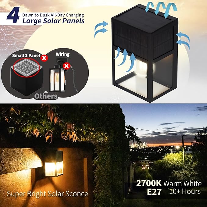 Outdoor Light Fixture Solar Powered, Super Bright Waterproof Porch Light, Stainless Steel & Tempered Glass Wall Lantern, Elegant LED Sconce for Front Door Lighting, Warm White, 2 Pack