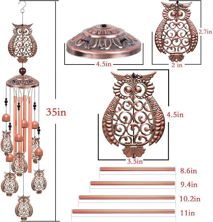 Large Owls Wind Chimes - Garden, Home & Patio, Balconies, Room, Indoor, Outdoor Decoration, Owl Windchimes Decor, Red Copper Windchime, Outdoor Wind Catcher, Memorial Wind Bells Gifts for Mom & Women