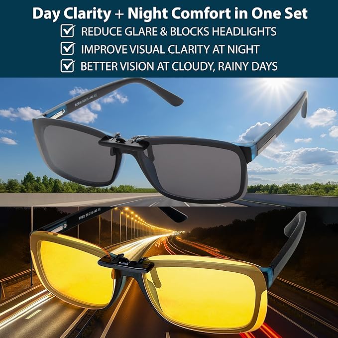 BLUE CUT Clip on Polarized Night Vision, Driving Sunglasses UV 400 Blocker To Wear Over Prescription Glasses