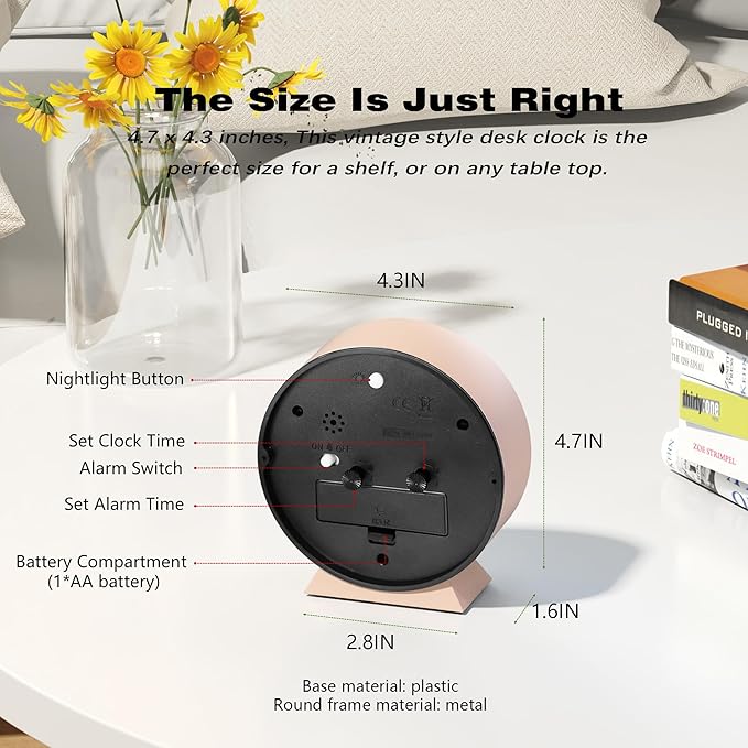 AYRELY® 4.5" Analog Alarm Clock,Small Retro Desk Clock Battery Operated,Slient Metal Table Clock with Light for Living Room Decor,Bedroom,Bedside,Shelf (Light Pink)