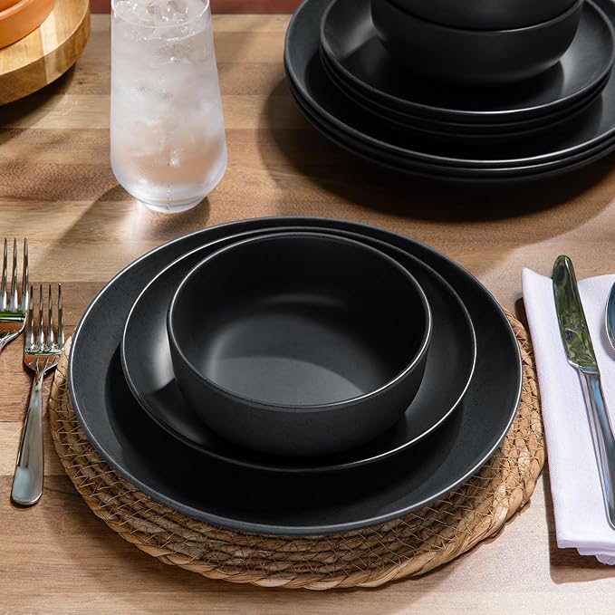 Larder & Vine 12-Piece Melamine Dinnerware Set: Durable, Lightweight, Break-Resistant Plates & Bowls – Stylish, Non-Toxic, Dishwasher Safe – Ideal for Everyday Use, Indoor & Outdoor Dining – Black