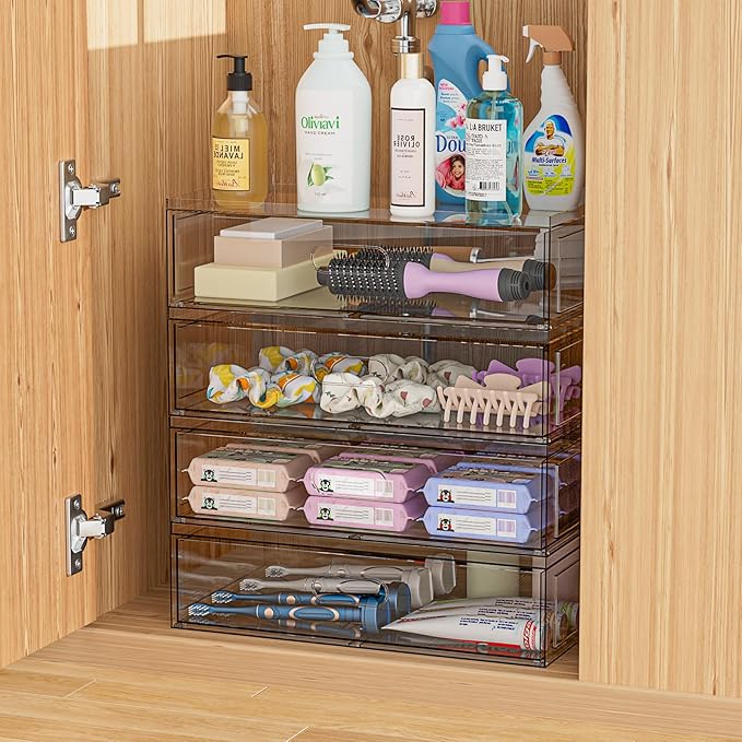 Clear Stackable Makeup Organizer with Drawer, 12''W Acrylic Storage Drawers, Cosmetic Display Case for Vanity Bathroom Countertop, Beauty Holder for Lipstick Brush Skincare Perfume (4 Pack)