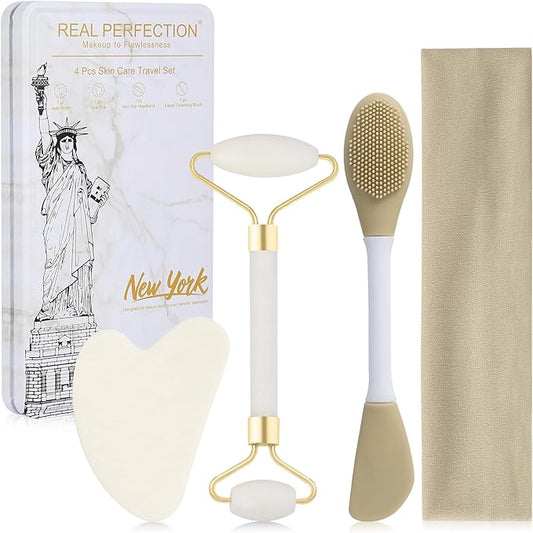Real Perfection Gua Sha Facial Tools Face Roller for Wrinkles Jade Roller and Gua Sha Set, Scrubber Pore Brush Headband Skin Care Tools for Travel Skincare Routine Massaging Reducing Puffiness - White