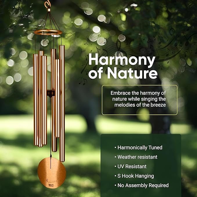 Nature’s Melody Aureole Tunes Wind Chimes – Outdoor Windchime with 6 Tubes, 100% Rustproof Aluminum, Powder Finish & S Hook Hanger for Sympathy, Memorial Gift or Zen Garden (Bronze, 28")