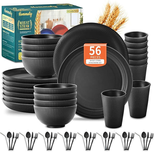 Wheat Straw Dinnerware Sets,56-Piece Black Plates and Bowls Sets for 8-Unbreakable,Reusable Plastic Dish Set-Dinner Plate/Cereal Bowl/Cup/Utensils-Microwavable Dishwasher Safe 56P-Black
