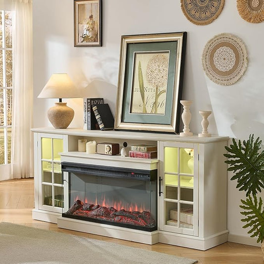 ROCKPOINT 3 Sided Glass 70" Fireplace TV Stand for TVs up to 80inch, Media Entertainment Center with Glass Door Storage Cabinet,36" Electric Fireplace with LED Light and Flame Colors, White