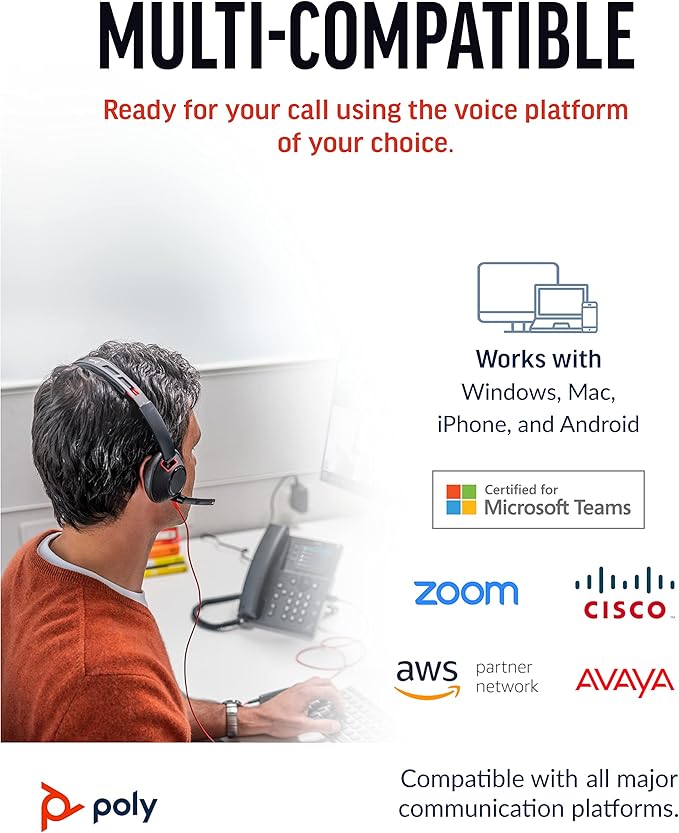 Poly - Blackwire 5220 USB-A Headset (Plantronics) - Wired, Dual Ear (Stereo) Computer Headset with Boom Mic - USB-A, 3.5 mm to connect to your PC, Mac, Tablet and/or Cell Phone