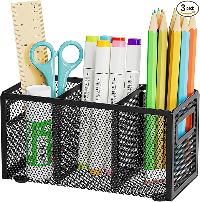 Marbrasse Mesh Pen Holder for Desk,Pencil Holder Desk Organizer 3 Adjustable Compartments,Pencil Cup with Handle Perfect for Classroom, Office, Home,Makeup,Art (Black)