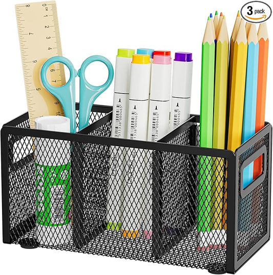 Marbrasse Mesh Pen Holder for Desk,Pencil Holder Desk Organizer 3 Adjustable Compartments,Pencil Cup with Handle Perfect for Classroom, Office, Home,Makeup,Art (Black)