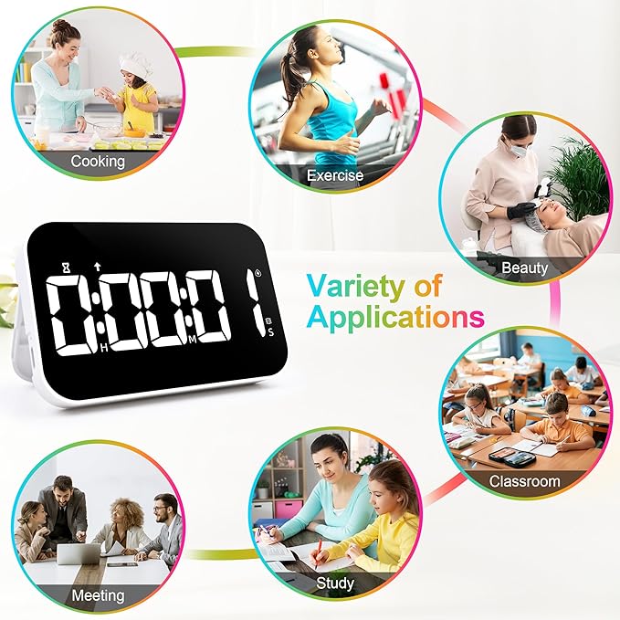 Kitchen Digital Timer, Rechargeable Magnetic Timers with Countdown/up, Kids Timer with 5”LED Display 3 Brightness 4 Volume Adjustable for Classroom/Office/Home/Work/Study/Fitness/Game-White