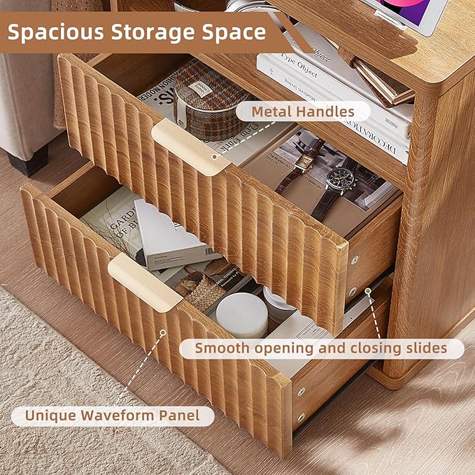 LEYAOYAO Fluted Farmhouse Nightstand Set of 2 with Charging Station, 23" Wide 2 Drawers End Table,Brown Dresser for Bedroom,Bed Side Table Chest of Drawers Cabinet,Wood Night Stand for Living Room