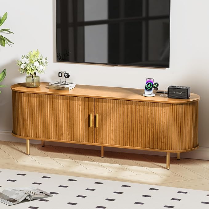 DHH Tv Stand Cabinet with Storage,Fluted Tv Console Entertainment Center with Storage Adjustable Shelves, Modern Vintage with Sliding Doors tv Stand for Living Room (Yellow Walnut, 63 Inch)