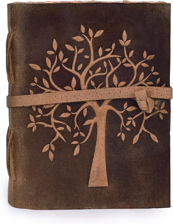 LEATHER VILLAGE Tree of Life Journal - 6 X 4 inches - Brown - 200 Antique Deckle Edge Handmade Paper – Book of Shadows - Vintage Leather Bound Journal for Women & Men