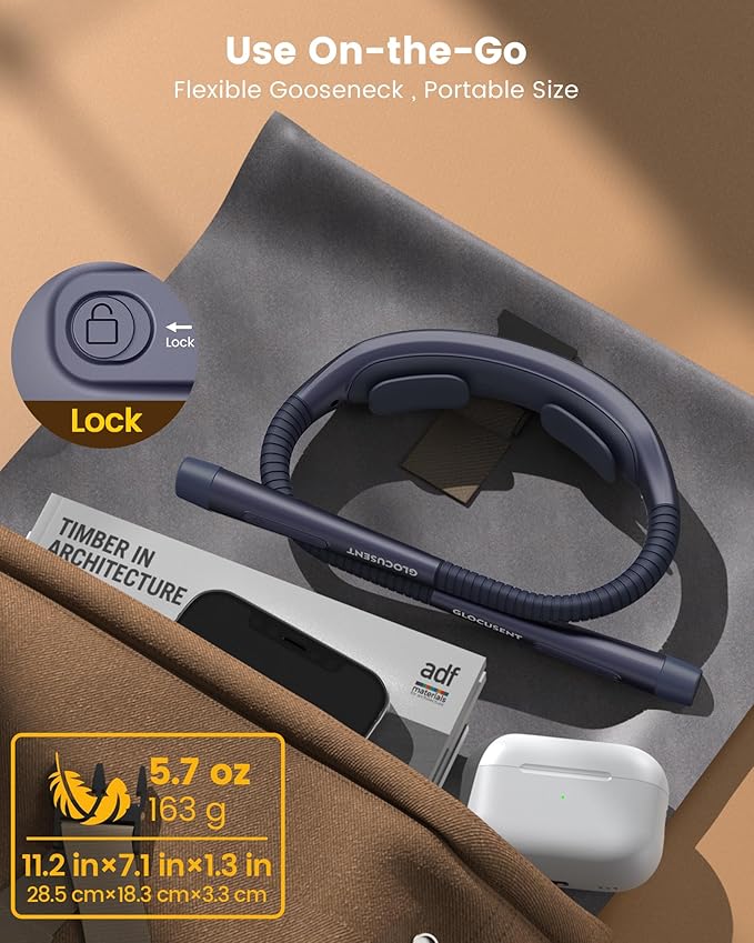 Glocusent Ergonomic Reading Light, 1600mAh Rechargeable Book Light for 100 Hrs - 3 Colors & 5 Brightness, Neck Light with Timers, Sleep Aid & Travel Lock, Perfect for Reading, Knitting & Craft