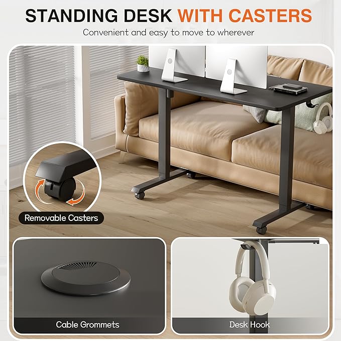 Furmax Electric Standing Desk, 47 x 24 Inches Height Adjustable Desk with Removable Casters, Home Office Computer Desk (Carbon Black)