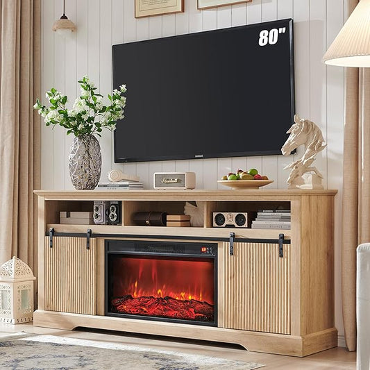 Fluted Fireplace TV Stand for TVs Up to 80 Inch with 30" Electric Fireplace, Modern Entertainment Center w/Waveform Panel Sliding Door & Adjustable Shelves, Media Console for Living Room (Natural)