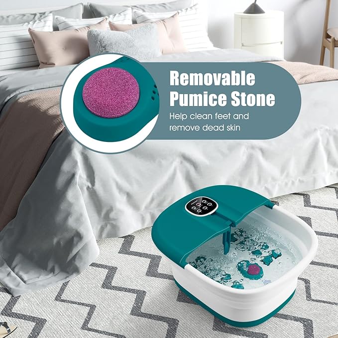 COSTWAY Collapsible Foot Spa Bath, with Heat, Bubbles, 16 Shiatsu Massage Rollers, Pedicure Foot Spa Tub W/Remote Control, Timer, Pumice Stone, Medicine Box (Deep Blue+White)