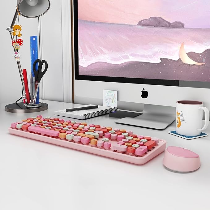 KOOTOP Cute Pink Wireless Keyboard and Mouse, 2.4G Retro Round Keycap for PC, Mac, Laptop, Tablet, Computer Windows