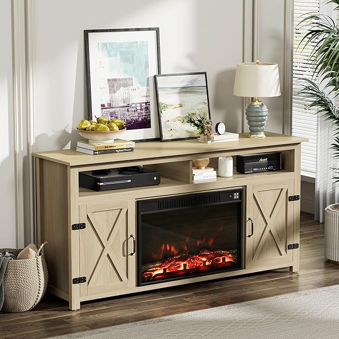 YESHOMY Fireplace TV Stand for Television up to 65+ Inch with Storage and Farmhouse Barn Doors, Entertainment Center with Cabinet and Shelves, Media Console for Living Room, Oak