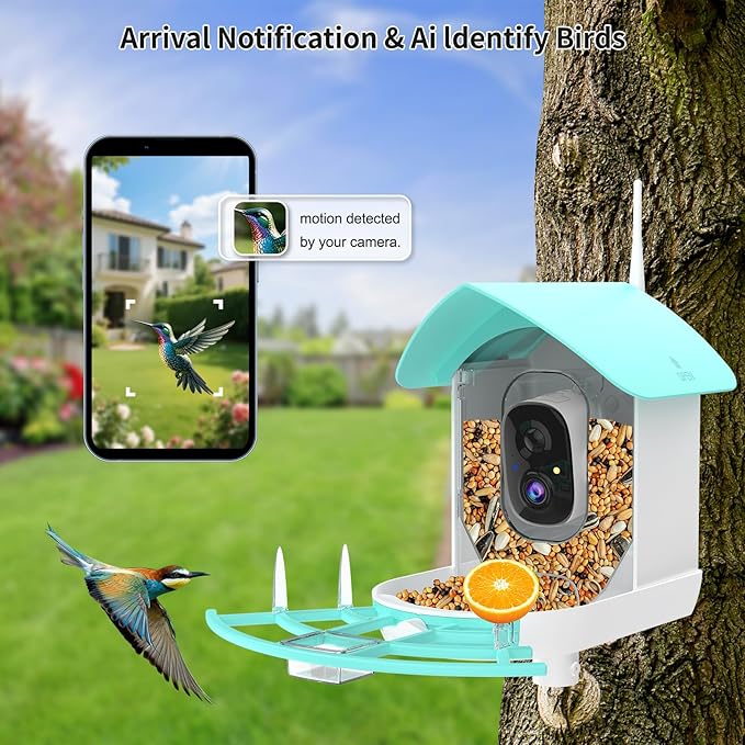 Bird Feeder with Camera, Auto Capture Wiress Bird Feeder Camera, AI Identify Bird Breed,FHD Waterproof Outdoor Bird Watching Camera,Solar-Powered, for Garden,Yard,Park,Ideal Gift for Mom and Dad,Blue