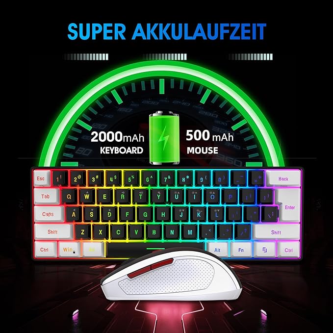 Snpurdiri 2.4G Wireless Gaming Keyboard and Mouse Combo, Include Small 60% Merchanical Feel Keyboard, Ergonomic Design Mini Wireless Mouse(White and Black)