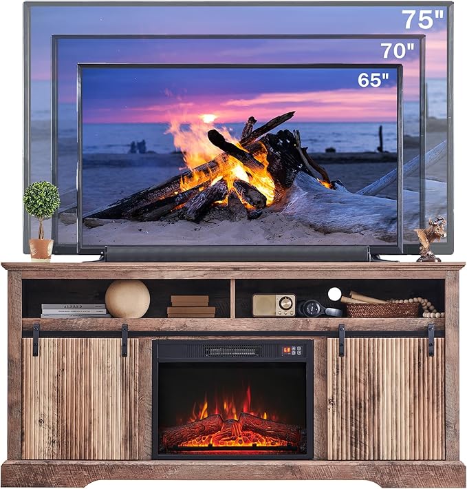 Fluted Fireplace TV Stand for TVs Up to 75 Inch, Modern Entertainment Center with Waveform Panel Sliding Door & Adjustable Shelves, Media Console for Living Room (Light Brown)