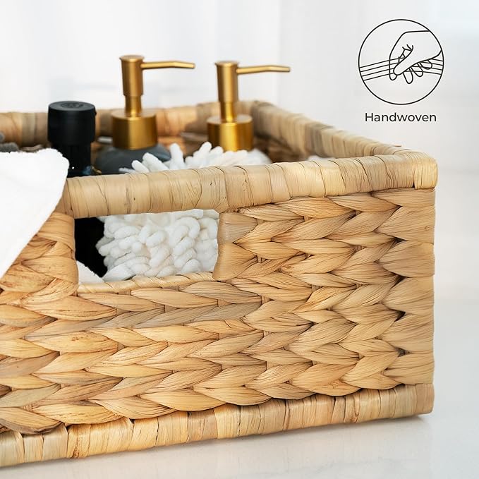 StorageWorks Large Wicker Basket for Organizing, Pantry Organizer with Wooden Frame, Water Hyacinth Storage Basket for Shelves