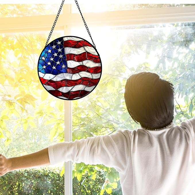 Stained Glass Window Hanging, Blue, White Red National Flag Pattern Sun Catchers Diamond Glass Panel Window Hangings Decor for Birthday Gifts for Women, Men, and Mom 11.8x11.8 in