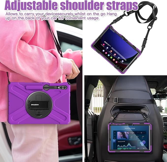 BRAECNstock for Samsung Galaxy Tab S10+ Plus/ S9 FE+ Plus/ S9+ Plus/ S8+ Plus/ S7 FE/ S7+ Plus 5G Tablet Case 12.4" Shockproof Protective Kids Case with Pen Holder Rotating Hand Strap & Stand - Purple