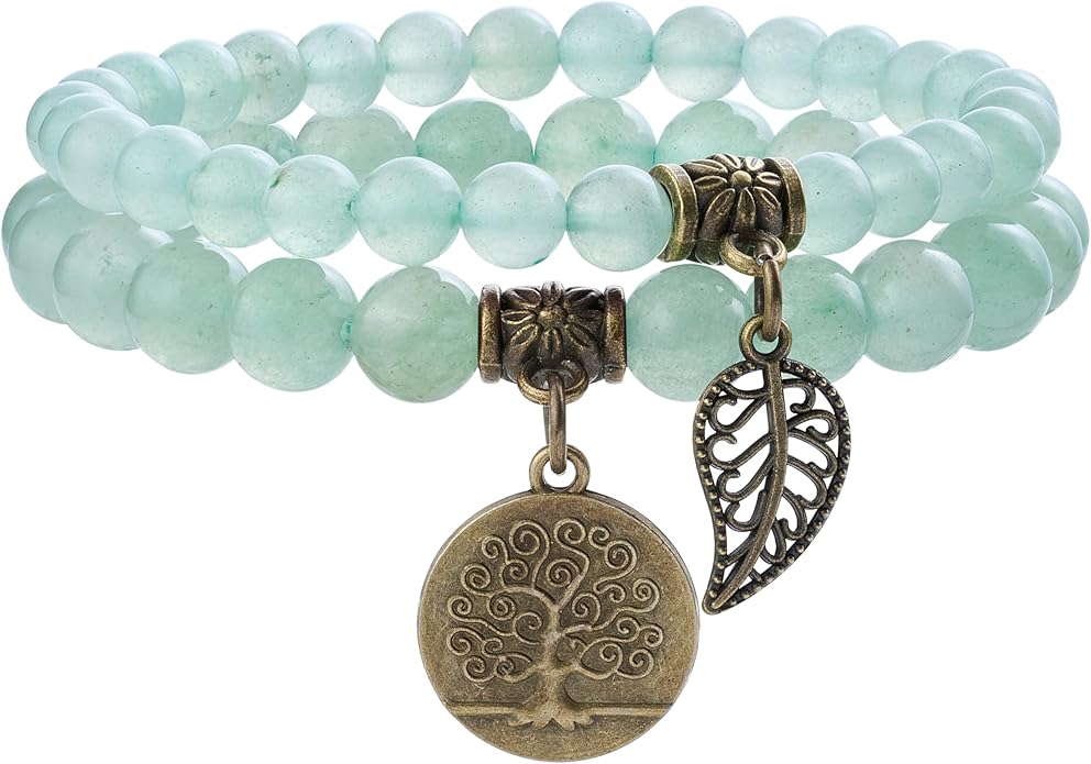 Bivei Natural Semi Precious Gemstone beads bracelet for women - Life Tree and Leaf Charm Energy Reiki Crystal Stretch Bracelets