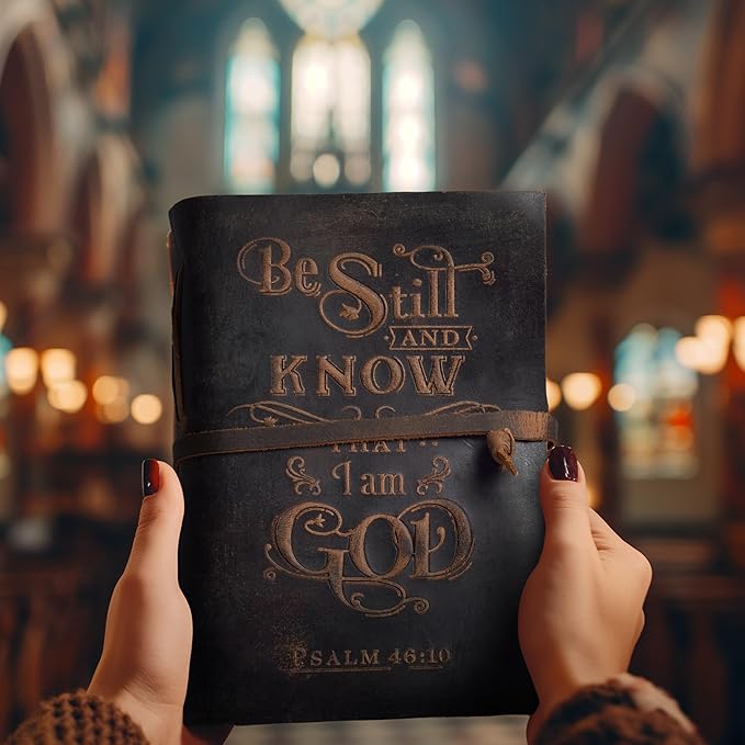 LEATHER VILLAGE Vintage Leather Journal with Psalm 46:10 Bible Verse–13''x8'' Embossed Prayer Study Journal for Women & Men – 200 Pages Handmade Cotton Deckle Edge Watercolor Paper - Cappuccino Brown