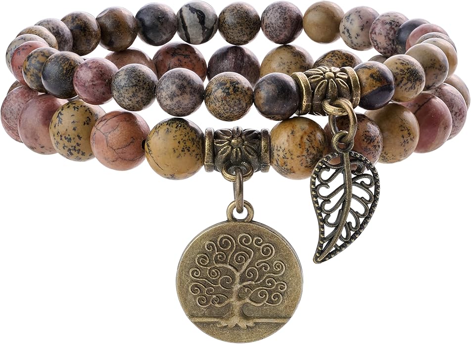 Bivei Natural Semi Precious Gemstone beads bracelet for women - Life Tree and Leaf Charm Energy Reiki Crystal Stretch Bracelets