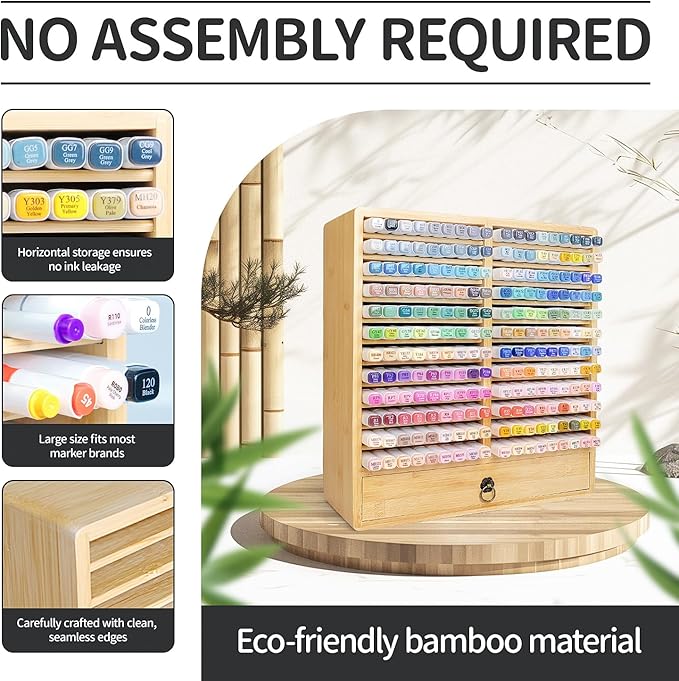 Marker Organizer for 216 Markers, Wooden Marker Storage Organizer with 12 Layers × 2 Compartments, Bamboo Marker Holder with Drawer for Art Supplies and Pens