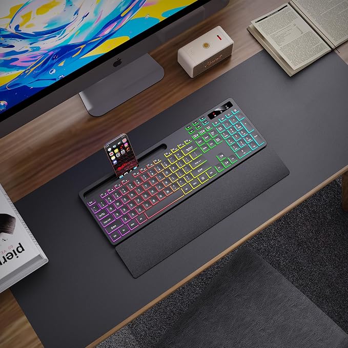 Wireless Keyboard with 7 Colors & 4 Modes RGB Backlit, Ergonomic Keyboard with Wrist Rest, Phone Tablet Holder, 2.4G Light Up Computer Keyboard with Numeric Keypad for Mac, Windows