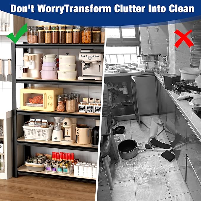 WORKPRO House 5-Tier Shelving Unit, Adjustable Heavy Duty Storage Shelves, Wood Grain Pattern, Waterproof Board, 3000lbs Boltless Shelving for Kitchen, Living Room, Garage, 48"W x 24"D x 72"H, Black