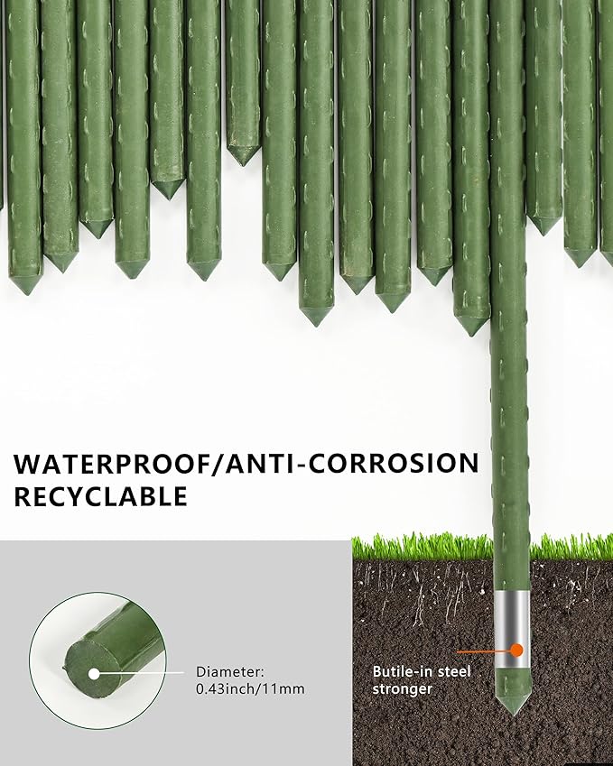 4ft Garden Stakes, Plastic Coated Steel Plant Stakes for Climbing Plants 25pcs