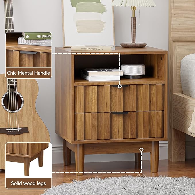 Fluted Nightstand Set of 2 with 2 Drawers, 19" Wide Night Stand with Solid Wood Legs, Open Storage Shelf, Mid Century Modern Wooden Bedside Table for Bedroom, Bed End Side Table, Walnut