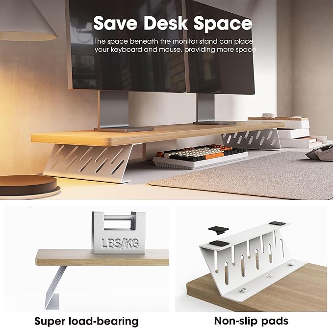 Fenge Dual Monitor Stand Riser, 42.5 Inch Desk Top Shelf for 2 Monitors, Computer Stands for Desk, Wood & Steel Desktop Riser for Laptop, PC, Printer