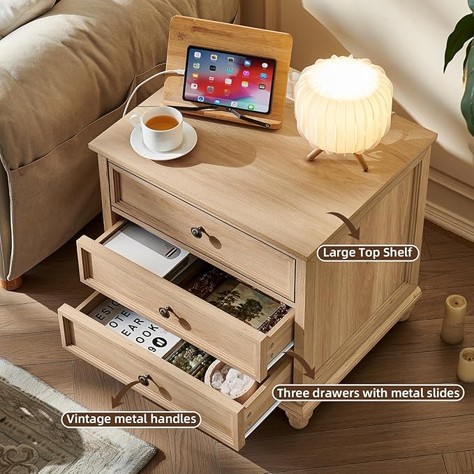 Farmhouse Nightstand with Charging Station, 24" Wide End Table with 3 Drawers,Natural Wood Dresser for Bedroom, Bed Side Table Chest of Drawers Cabinet,Night Stand for Living Room, Closet