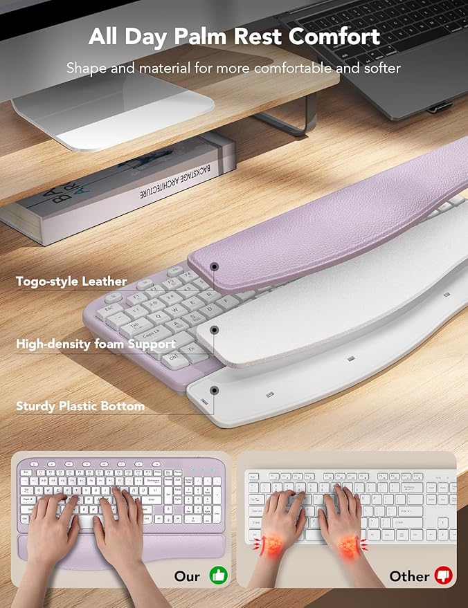 SABLUTE Wireless Keyboard and Mouse Combo, Ergonomic Wave Key, Cushioned Plam Rest, Comfortable Silent Natural Typing, 2.4G Lag-Free, Full Size Keyboards Cordless Set for Multi-OS, Windows/Mac, Purple