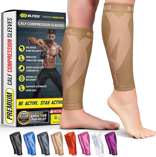 BLITZU Calf Compression Sleeve for Men & Women Footless Compression Socks Support Runners Leg Sleeve Shin Splints Pain Relief