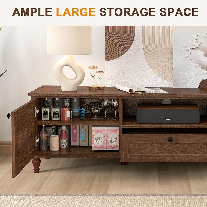 ANJ Mid-Century Modern TV Stand for 75 inch TV, TV Console with Storage Cabinet & Drawer, Retro Brown Wooden TV Stands for Living Room Furniture,Entertainment Center with Ample Large Storage Space