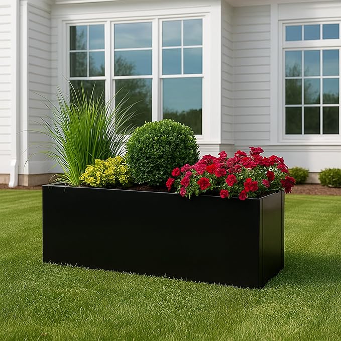Kozyard 38”Lx15”Wx16”H Large Rectangular Planter Meta Planter for Indoor Outdoor All-Weather Use with Drainage Holes Removable Grow Liner Plants Flowers Shrubs