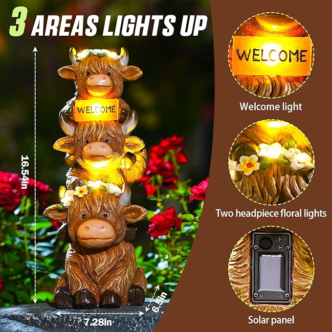 16 in Large Garden Highland Cow Statue Solar Garden Sculptures & Statues with Flower Decoration Birthday Gifts for Women Mom Funny Triple Big Highland Cow Decor for Yard Garden Patio Lawn Ornaments