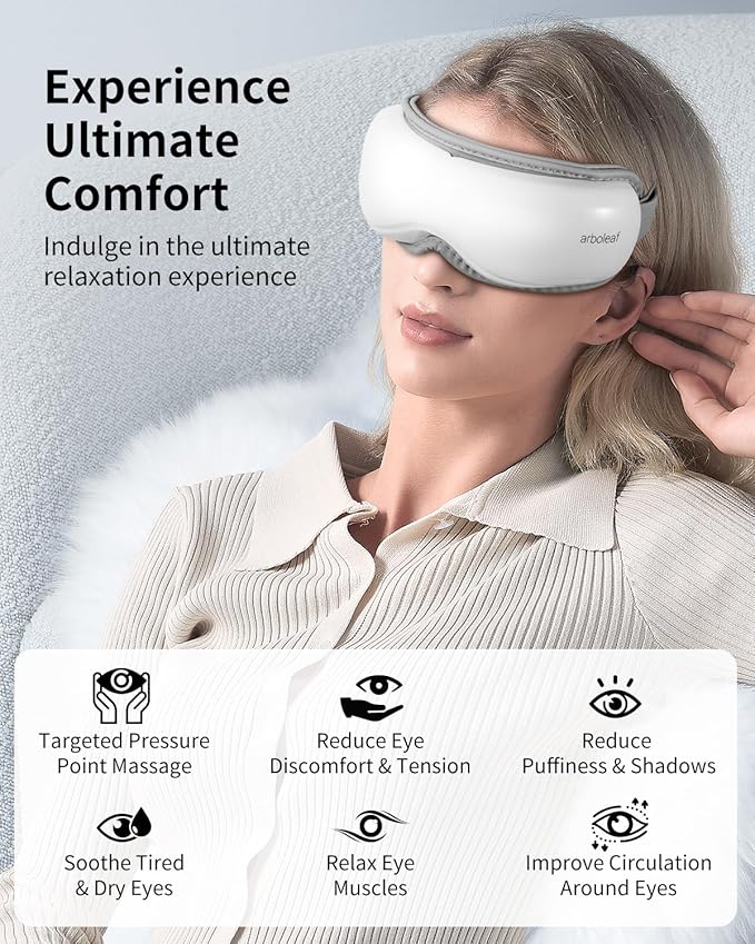 arboleaf Eye Massager with Heat, Heated Eye Massager for Migraines with Compression and Music, Wireless Eye Mask Massager with Heat, 5 Modes Portable Massaging Eye mask for Relieve Eye Strain