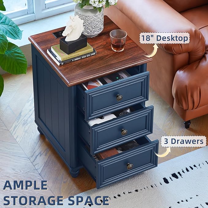 18" Farmhouse Nightstand Set 2 with Charging Station and USB Port, Blue Night Stand with 3 Drawers, Wood Bedside End Table with Storage, Bed Side Tables for Bedroom Living Room and Closet