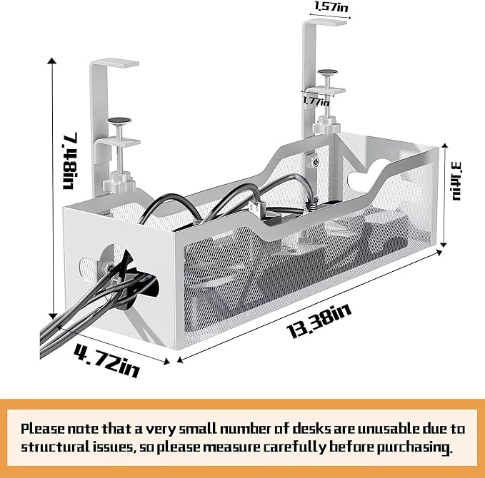 Under Desk Cable Management Tray 13.38", Quszmd Cable Organizer No Drill, Standing Cord Organizer and Wire Management Tray - No Damage to Desk, White