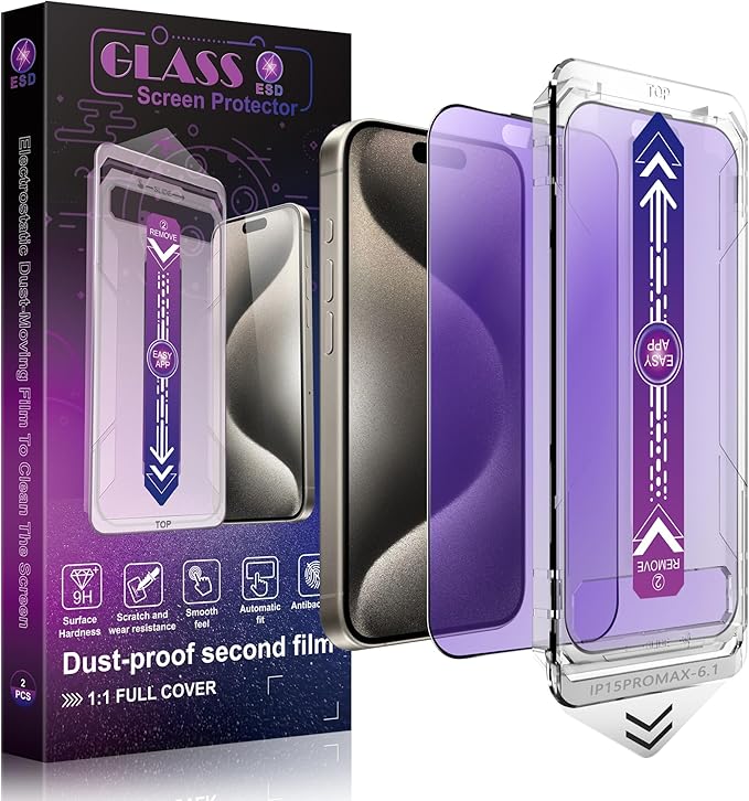2 Pack Anti Blue Light Matte Screen Protector for iPhone 15 Pro Max 6.7-Inch Auto Dust Removal, No Bubbles, Tempered Glass Film, Easy Installation