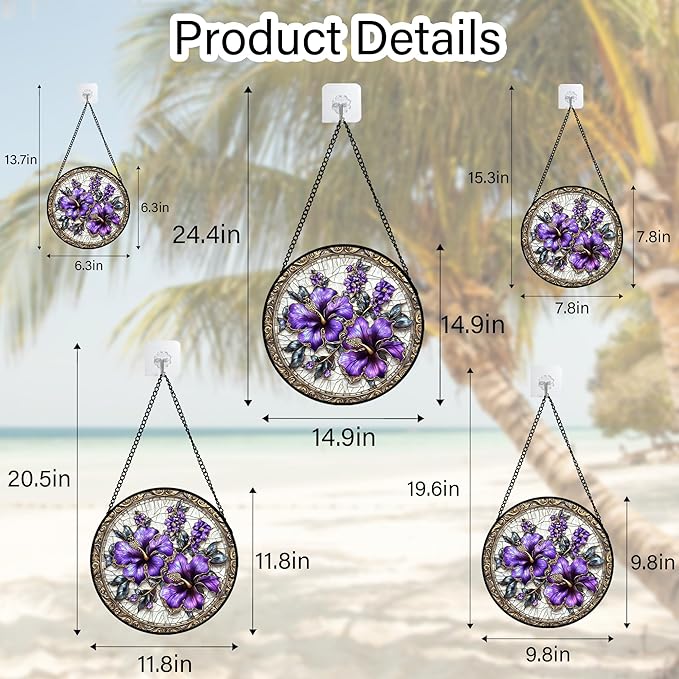 Stained Glass Window Hanging, Purple Flowers Romantic Suncatcher for Doors Home Sun Catchers Decoration and Christmas, Mother's Day Birthday Gifts for Women, Men, and Mom 14.9x14.9 in
