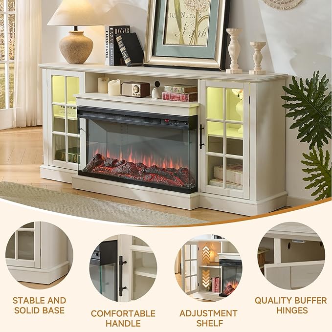 ROCKPOINT 3 Sided Glass 70" Fireplace TV Stand for TVs up to 80inch, Media Entertainment Center with Glass Door Storage Cabinet,36" Electric Fireplace with LED Light and Flame Colors, White